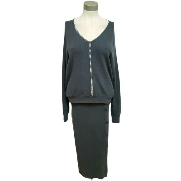 RED HAUTE 2 piece set ribbed stitched v-neck top midi pencil skirt black S NEW - Picture 1 of 8